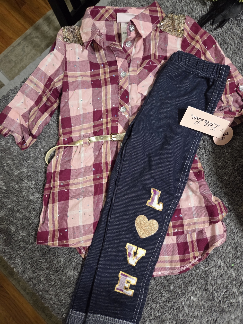Little Lass Pink & Burgundy Plaid Tunic with Navy 'LOVE' Leggings